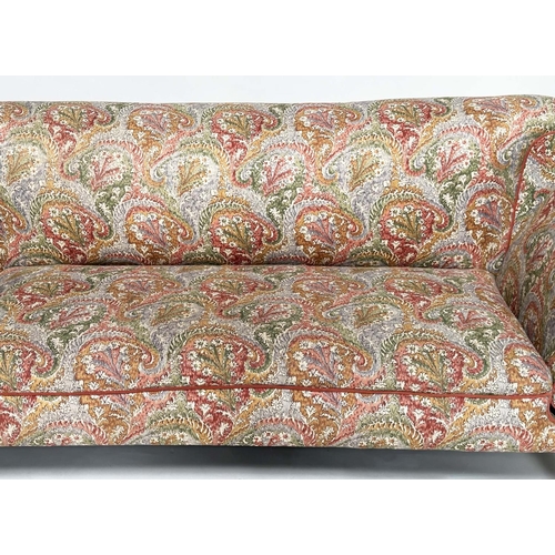 140 - SOFA, 19th century Victorian with Liberty of London, paisley upholstery with twin drop arms and turn... 