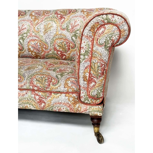 140 - SOFA, 19th century Victorian with Liberty of London, paisley upholstery with twin drop arms and turn... 