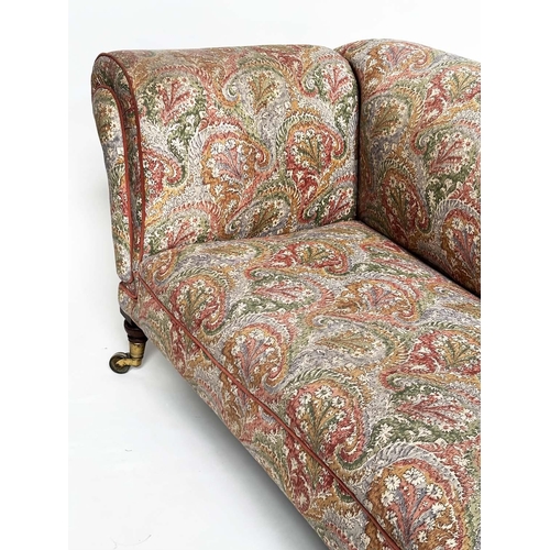 140 - SOFA, 19th century Victorian with Liberty of London, paisley upholstery with twin drop arms and turn... 