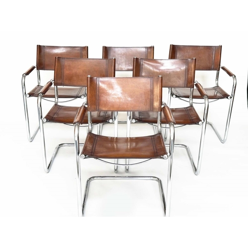 DINING ARMCHAIRS, a set of six 1970s, stitched hand finished tan brown leather on cantilever chrome supports after the design Mart Stam, 60cm W. (6)