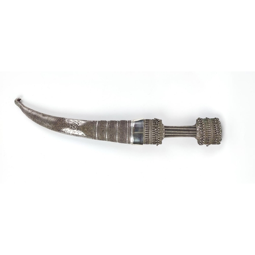 2 - A JAMBIYA DAGGER AND SCABBARD WHITE METAL CASING, steel blade, horn structure to scabbard, 52cm L