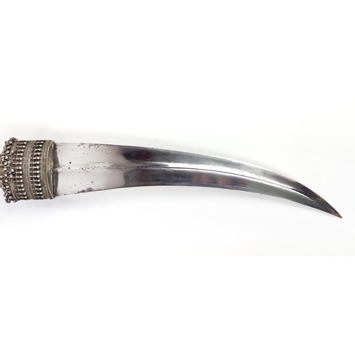 2 - A JAMBIYA DAGGER AND SCABBARD WHITE METAL CASING, steel blade, horn structure to scabbard, 52cm L