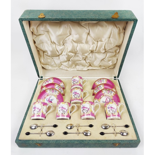 20 - A MINTON 'PINK COCKATRICE' SIX PLACE COFFEE SET, early 20th century, comprising six coffee cans and ... 