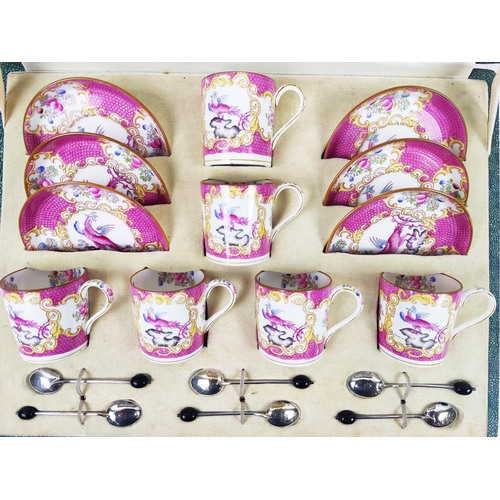 20 - A MINTON 'PINK COCKATRICE' SIX PLACE COFFEE SET, early 20th century, comprising six coffee cans and ... 