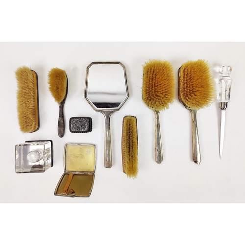 34 - AN ART DECO SILVER AND BLUE ENAMELLED DRESSING TABLE BRUSH SET, plus an ink well, cigarette case, pa... 