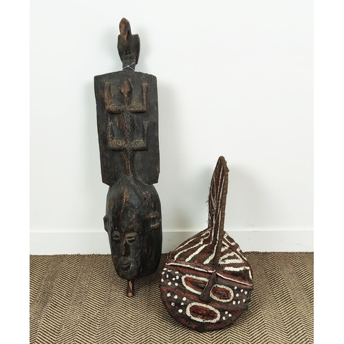 45 - AFRICAN MASK, 'Plank Crest Mask', hand carved wood with central lizard detail and bird finial, 106cm... 