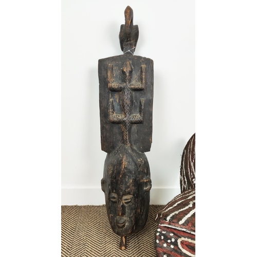 45 - AFRICAN MASK, 'Plank Crest Mask', hand carved wood with central lizard detail and bird finial, 106cm... 