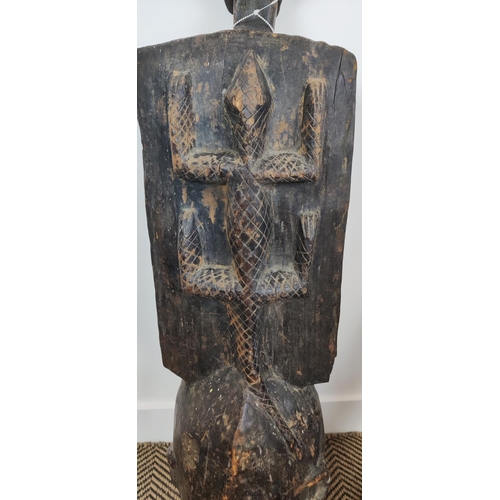 45 - AFRICAN MASK, 'Plank Crest Mask', hand carved wood with central lizard detail and bird finial, 106cm... 