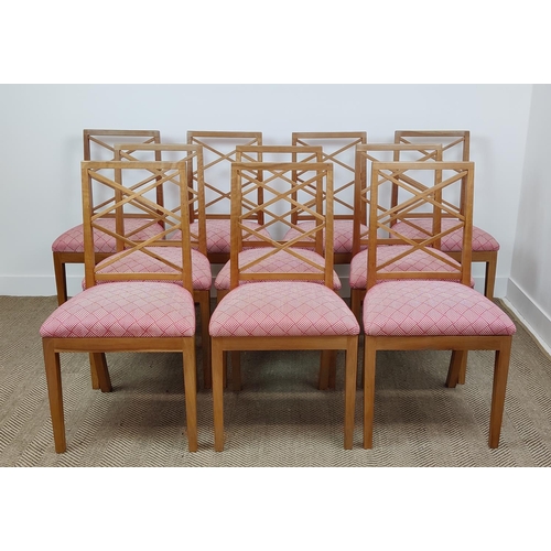 523 - DINING CHAIRS, a set of ten, Bespoke by Nick Shannon, with red geometric fabric seats, 92.5cm H appr... 