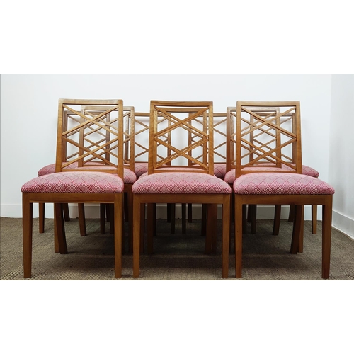 523 - DINING CHAIRS, a set of ten, Bespoke by Nick Shannon, with red geometric fabric seats, 92.5cm H appr... 