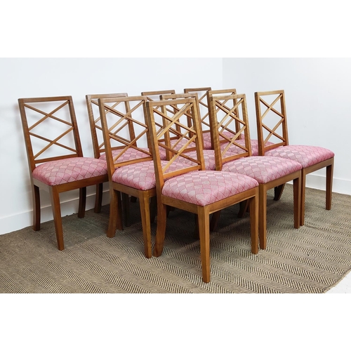 523 - DINING CHAIRS, a set of ten, Bespoke by Nick Shannon, with red geometric fabric seats, 92.5cm H appr... 