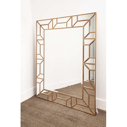 524 - WALL MIRROR, geometric patterned frame, bevelled detail, 90cm x 120cm.