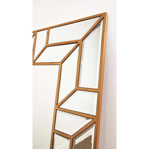 524 - WALL MIRROR, geometric patterned frame, bevelled detail, 90cm x 120cm.