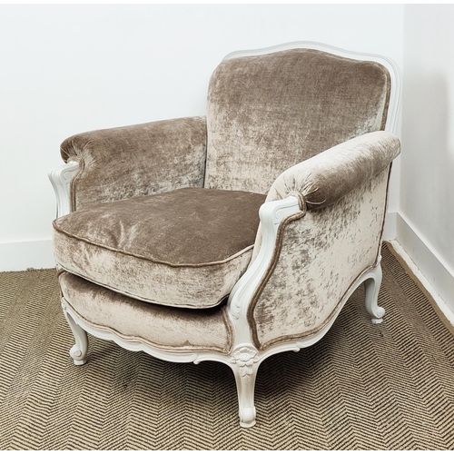 535 - ARMCHAIR, velvet with white painted showframe, 89cm W x 84cm H.