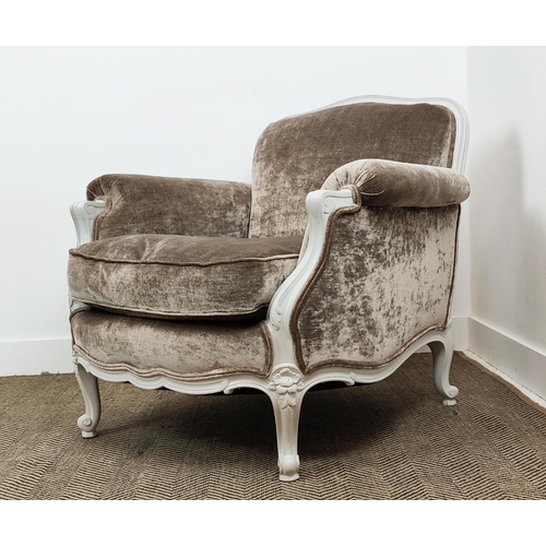 535 - ARMCHAIR, velvet with white painted showframe, 89cm W x 84cm H.