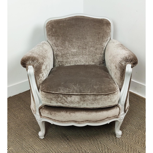 535 - ARMCHAIR, velvet with white painted showframe, 89cm W x 84cm H.