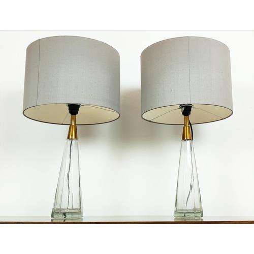 537 - TABLE LAMPS, a pair, glass, with Porta Romana, shades, each overall 63cm tall including shade. (2)