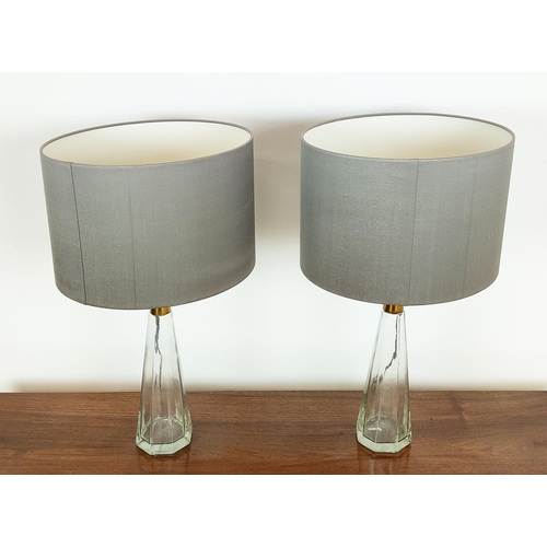 537 - TABLE LAMPS, a pair, glass, with Porta Romana, shades, each overall 63cm tall including shade. (2)