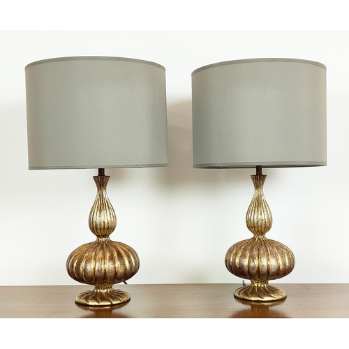 538 - TABLE LAMPS, a pair, silver gilt, with Porta Romana shades, each overall 61cm tall including shades.... 