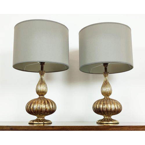 538 - TABLE LAMPS, a pair, silver gilt, with Porta Romana shades, each overall 61cm tall including shades.... 