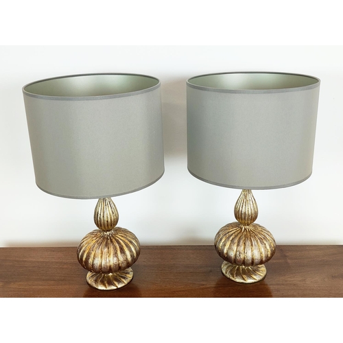 538 - TABLE LAMPS, a pair, silver gilt, with Porta Romana shades, each overall 61cm tall including shades.... 