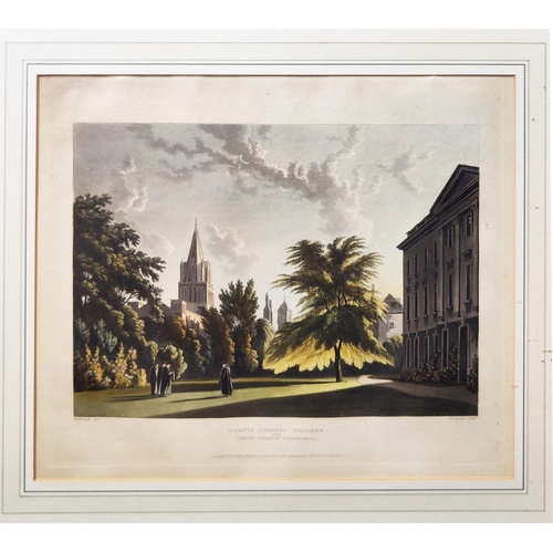 54 - 19TH CENTURY COLOURED ENGRAVINGS OF CORPUS CHRISTIE COLLEGE, Cambridge, a set of three, largest 50cm... 