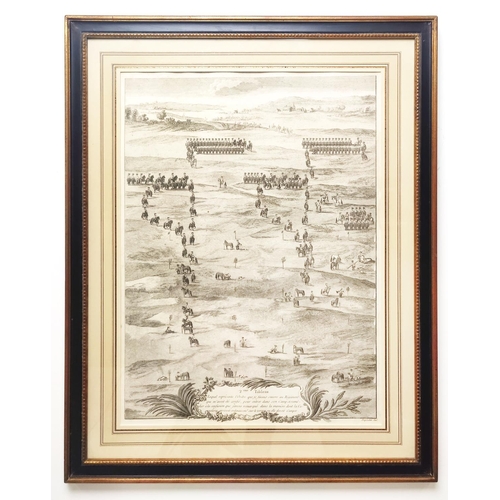 57 - 18TH CENTURY FRENCH MILITARY TACTICS ENGRAVING, 79cm x 64cm.