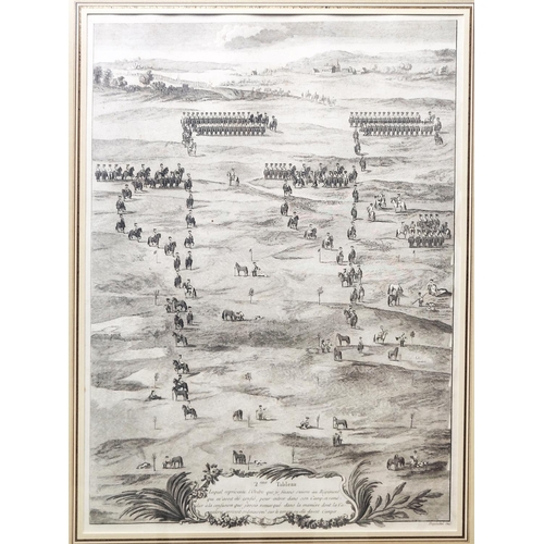 57 - 18TH CENTURY FRENCH MILITARY TACTICS ENGRAVING, 79cm x 64cm.