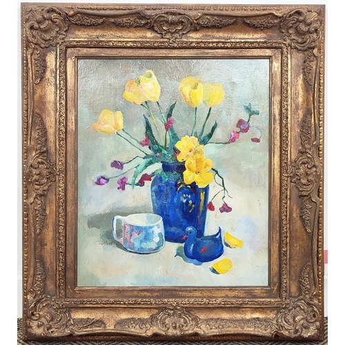 59 - ALEXEI (20th century Russian), 'Still life with vase and flowers', oil on canvas, 59cm x 48cm, frame... 