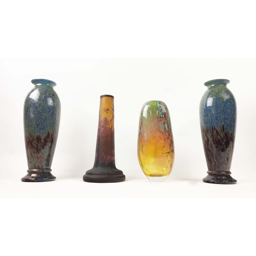 7 - GALLE STYLE CAMEO GLASS DRAGONFLY VASE, a pair of motteled art glass vases and anther signed Tutti F... 