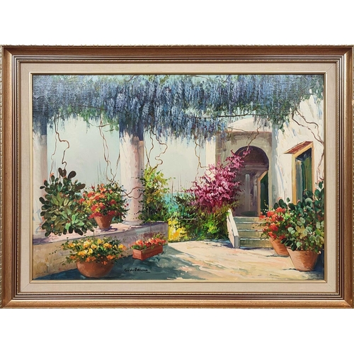 71 - GUIDO ODIERNO, 'Terrace, Amalfi', oil on canvas, 49cm x 69cm, signed, framed.