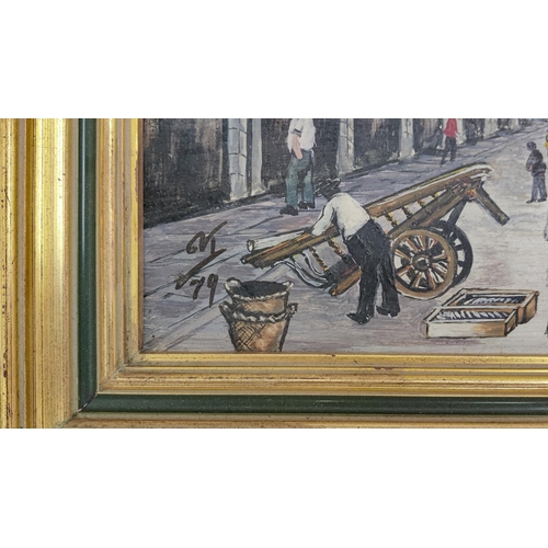 89 - 20TH CENTURY NAIVE SCHOOL, 'Billingsgate Market and Monument, oil on board, 27cm x 29cm, monogramed ... 