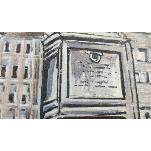 89 - 20TH CENTURY NAIVE SCHOOL, 'Billingsgate Market and Monument, oil on board, 27cm x 29cm, monogramed ... 