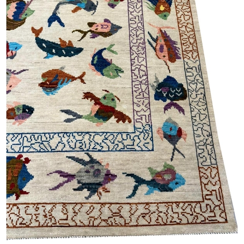 119 - CONTEMPORARY FISH DESIGN WOOL CARPET, 300cm x 202cm.