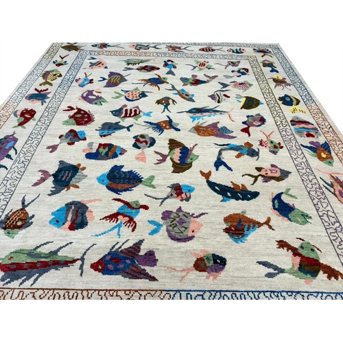 119 - CONTEMPORARY FISH DESIGN WOOL CARPET, 300cm x 202cm.