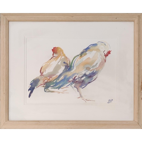 65 - BELLA PIERONI 'COCKERELS', watercolour, initialled lower right, 28cm x 36cm, framed.