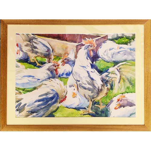 76 - ANNA CHEREDNICHENKO (1917-2003), 'Chickens', watercolour, 46cm x 65cm.