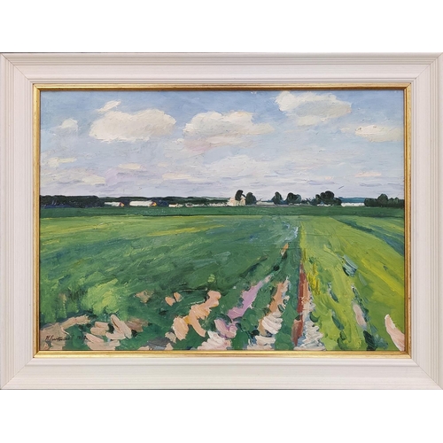 79 - NIKOLAY ELTYSHEV (1922-2012), 'Summer fields', (1964), oil on board, 50cm x 70cm.