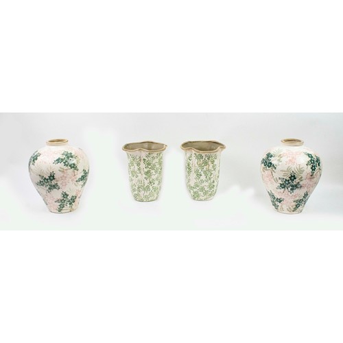 23 - TWO PAIRS OF HAND-POTTED FLORAL VASES, largest of the pair 28cm H. (4)