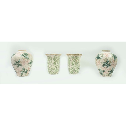 23 - TWO PAIRS OF HAND-POTTED FLORAL VASES, largest of the pair 28cm H. (4)