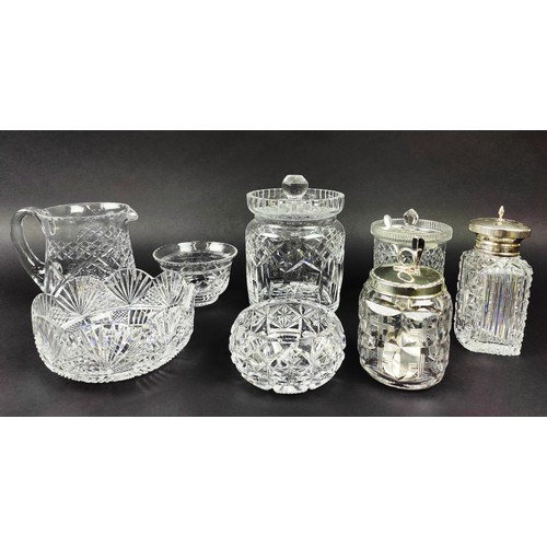 12 - COLLECTION OF CUT GLASS, including a cut crystal biscuit barrel, a silver capped sugar sifter, a sil... 