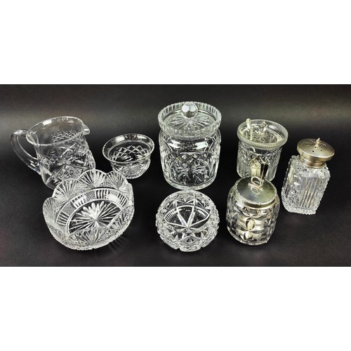 12 - COLLECTION OF CUT GLASS, including a cut crystal biscuit barrel, a silver capped sugar sifter, a sil... 