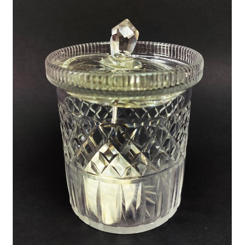 12 - COLLECTION OF CUT GLASS, including a cut crystal biscuit barrel, a silver capped sugar sifter, a sil... 