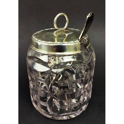 12 - COLLECTION OF CUT GLASS, including a cut crystal biscuit barrel, a silver capped sugar sifter, a sil... 