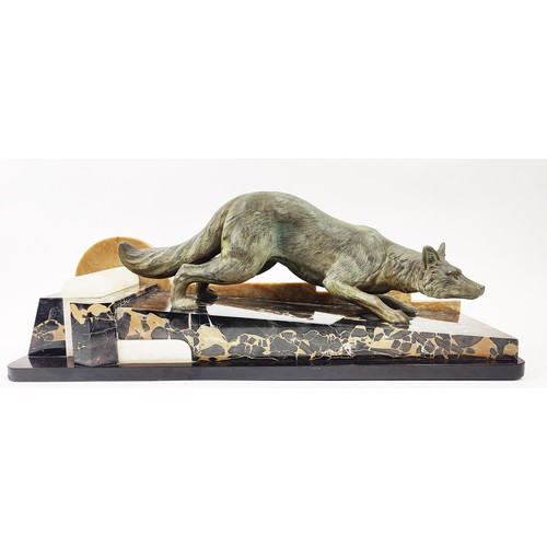 16 - ART DECO FOX, manner of 'F. H. Danvin', spelter, marble and onyx, 68cm L.