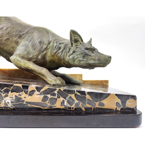 16 - ART DECO FOX, manner of 'F. H. Danvin', spelter, marble and onyx, 68cm L.