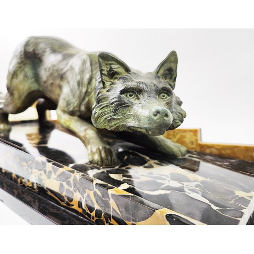 16 - ART DECO FOX, manner of 'F. H. Danvin', spelter, marble and onyx, 68cm L.