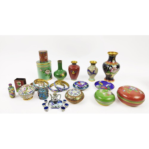 18 - A COLLECTION OF ASSORTED CLOISONNE ITEMS, comprising vases, bangles, an egg, box and covers. (Qty)