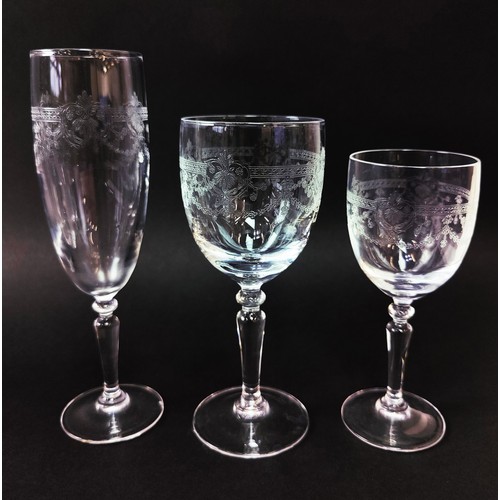 21 - BERNARD LIMOGES VULCAN COFFEE CANS GLASSES, etched comprising 24 Champagne, 29 Port, 6 white, 3 red.... 