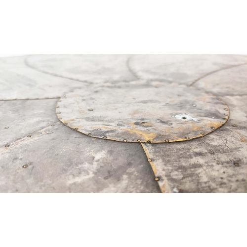 410 - CONRAN SHOP CIRCULAR TABLE, with a decorative applied metal top, in a swirl design, on turned wooden... 